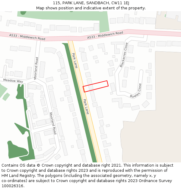 115, PARK LANE, SANDBACH, CW11 1EJ: Location map and indicative extent of plot