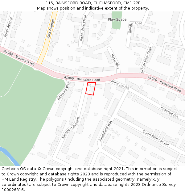 115, RAINSFORD ROAD, CHELMSFORD, CM1 2PF: Location map and indicative extent of plot