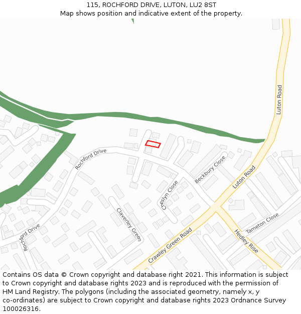 115, ROCHFORD DRIVE, LUTON, LU2 8ST: Location map and indicative extent of plot