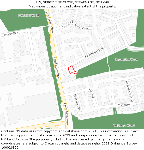 115, SERPENTINE CLOSE, STEVENAGE, SG1 6AR: Location map and indicative extent of plot