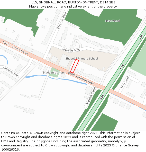 115, SHOBNALL ROAD, BURTON-ON-TRENT, DE14 2BB: Location map and indicative extent of plot