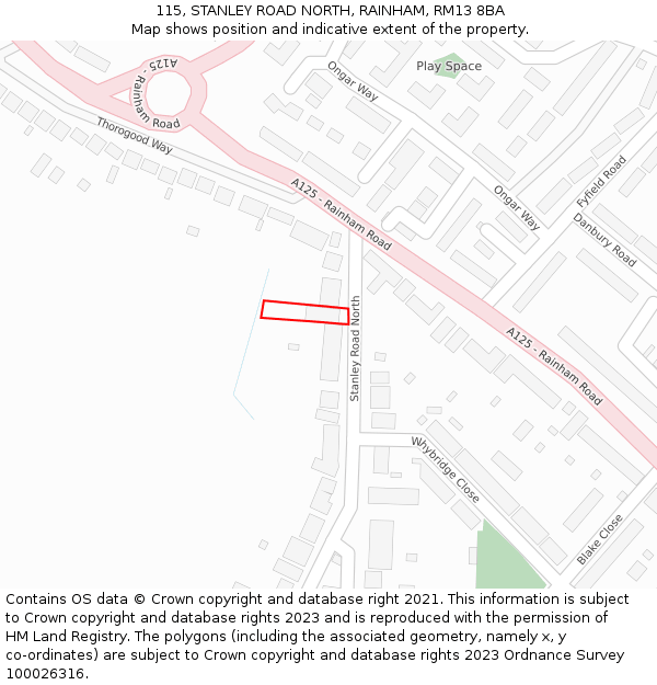 115, STANLEY ROAD NORTH, RAINHAM, RM13 8BA: Location map and indicative extent of plot