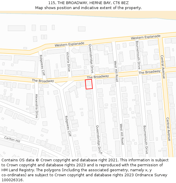 115, THE BROADWAY, HERNE BAY, CT6 8EZ: Location map and indicative extent of plot