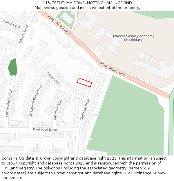 115, TRENTHAM DRIVE, NOTTINGHAM, NG8 3ND: Location map and indicative extent of plot