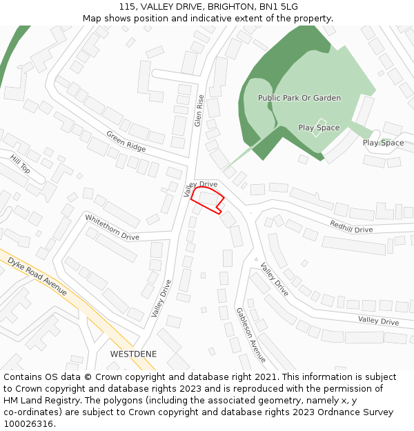 115, VALLEY DRIVE, BRIGHTON, BN1 5LG: Location map and indicative extent of plot