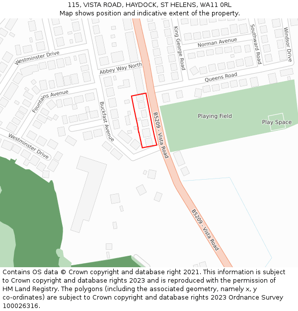 115, VISTA ROAD, HAYDOCK, ST HELENS, WA11 0RL: Location map and indicative extent of plot