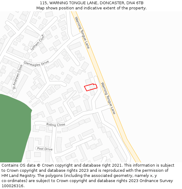 115, WARNING TONGUE LANE, DONCASTER, DN4 6TB: Location map and indicative extent of plot