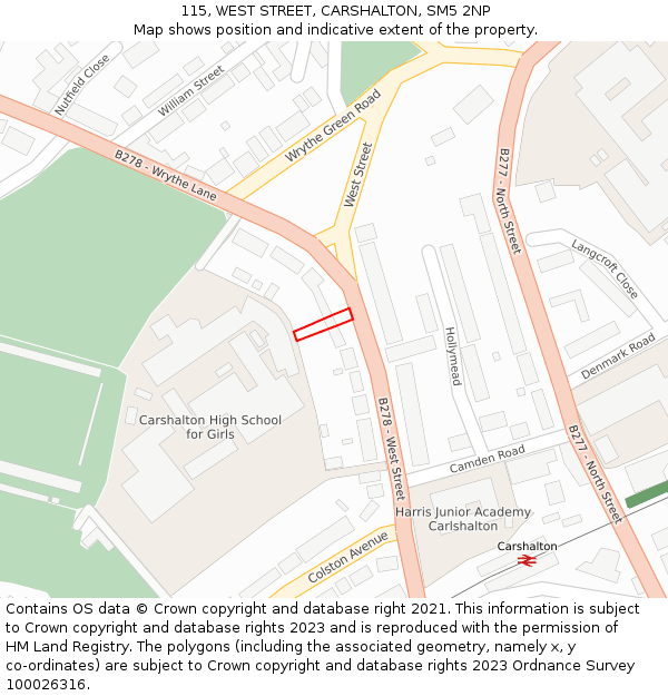 115, WEST STREET, CARSHALTON, SM5 2NP: Location map and indicative extent of plot