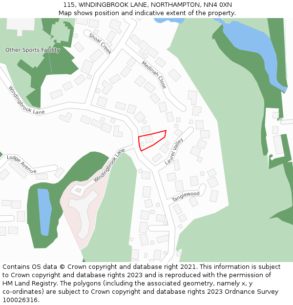 115, WINDINGBROOK LANE, NORTHAMPTON, NN4 0XN: Location map and indicative extent of plot