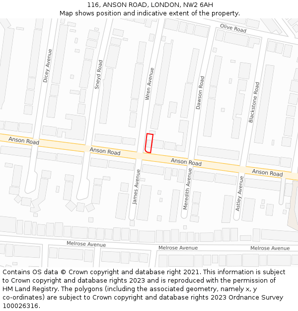 116, ANSON ROAD, LONDON, NW2 6AH: Location map and indicative extent of plot