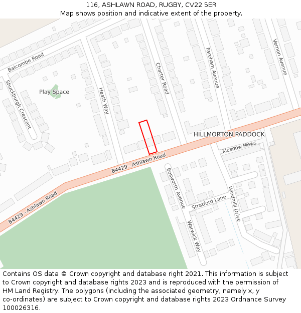 116, ASHLAWN ROAD, RUGBY, CV22 5ER: Location map and indicative extent of plot