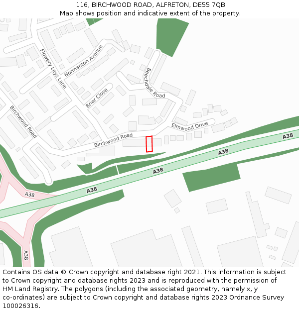 116, BIRCHWOOD ROAD, ALFRETON, DE55 7QB: Location map and indicative extent of plot