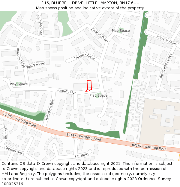 116, BLUEBELL DRIVE, LITTLEHAMPTON, BN17 6UU: Location map and indicative extent of plot