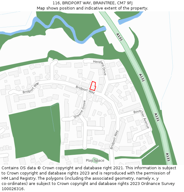 116, BRIDPORT WAY, BRAINTREE, CM7 9FJ: Location map and indicative extent of plot