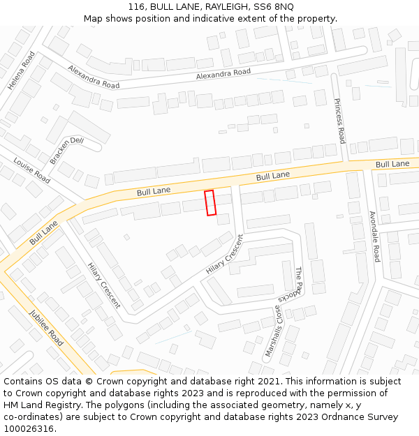 116, BULL LANE, RAYLEIGH, SS6 8NQ: Location map and indicative extent of plot