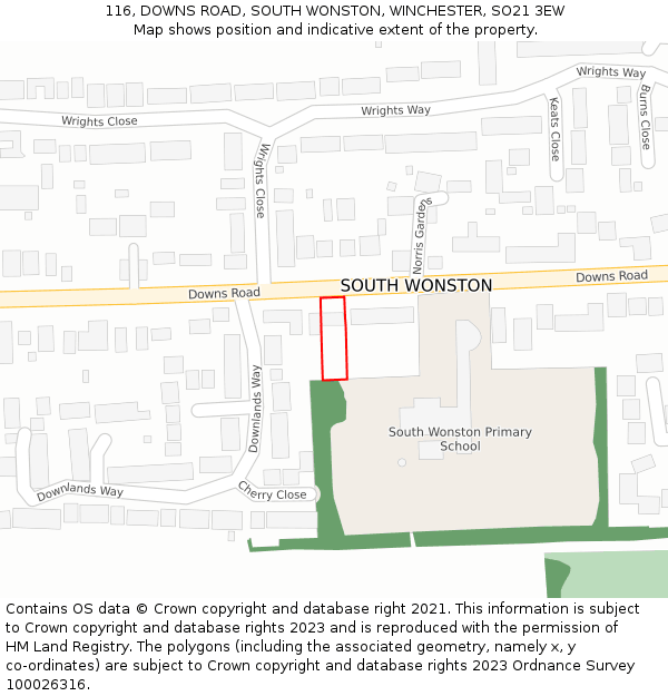 116, DOWNS ROAD, SOUTH WONSTON, WINCHESTER, SO21 3EW: Location map and indicative extent of plot