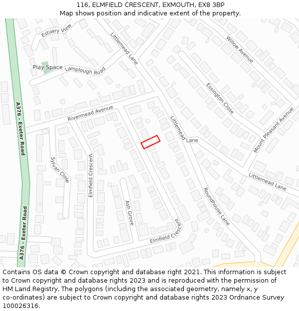 116, ELMFIELD CRESCENT, EXMOUTH, EX8 3BP: Location map and indicative extent of plot