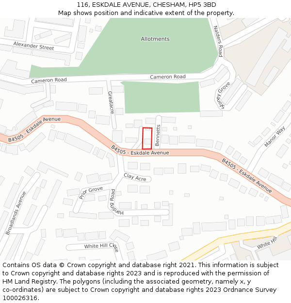 116, ESKDALE AVENUE, CHESHAM, HP5 3BD: Location map and indicative extent of plot