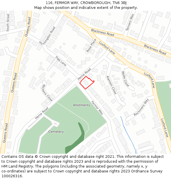 116, FERMOR WAY, CROWBOROUGH, TN6 3BJ: Location map and indicative extent of plot