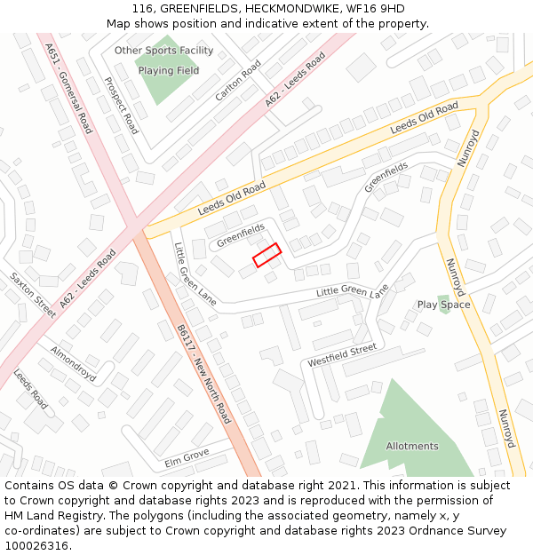 116, GREENFIELDS, HECKMONDWIKE, WF16 9HD: Location map and indicative extent of plot
