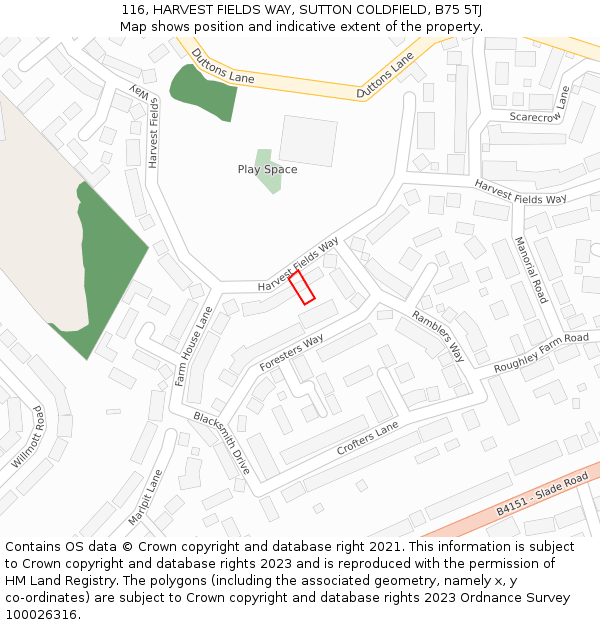 116, HARVEST FIELDS WAY, SUTTON COLDFIELD, B75 5TJ: Location map and indicative extent of plot