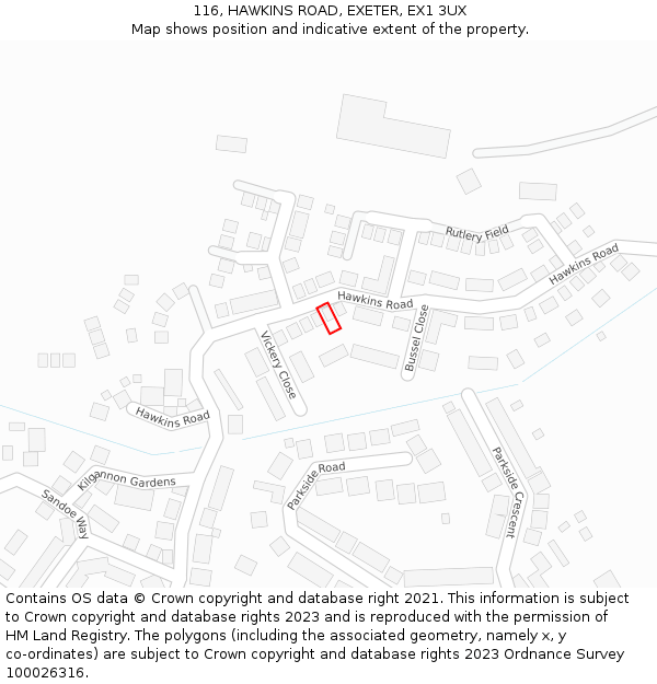 116, HAWKINS ROAD, EXETER, EX1 3UX: Location map and indicative extent of plot