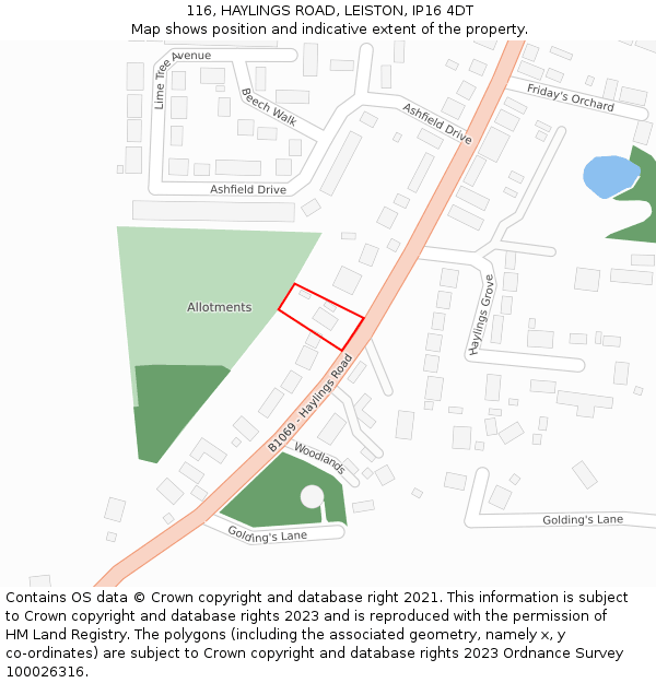 116, HAYLINGS ROAD, LEISTON, IP16 4DT: Location map and indicative extent of plot