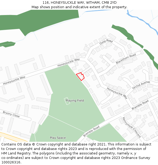 116, HONEYSUCKLE WAY, WITHAM, CM8 2YD: Location map and indicative extent of plot