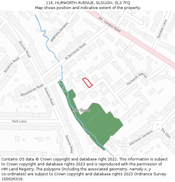 116, HURWORTH AVENUE, SLOUGH, SL3 7FQ: Location map and indicative extent of plot