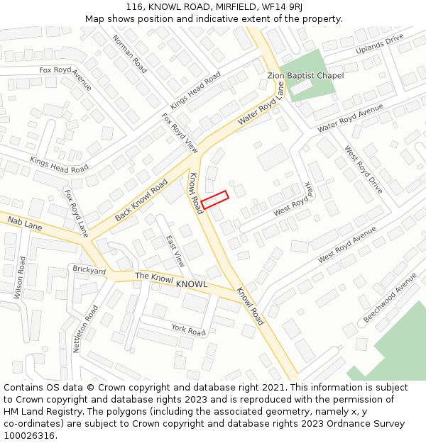 116, KNOWL ROAD, MIRFIELD, WF14 9RJ: Location map and indicative extent of plot