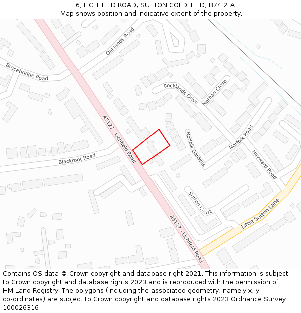 116, LICHFIELD ROAD, SUTTON COLDFIELD, B74 2TA: Location map and indicative extent of plot