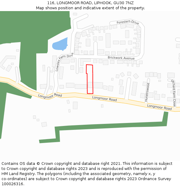 116, LONGMOOR ROAD, LIPHOOK, GU30 7NZ: Location map and indicative extent of plot