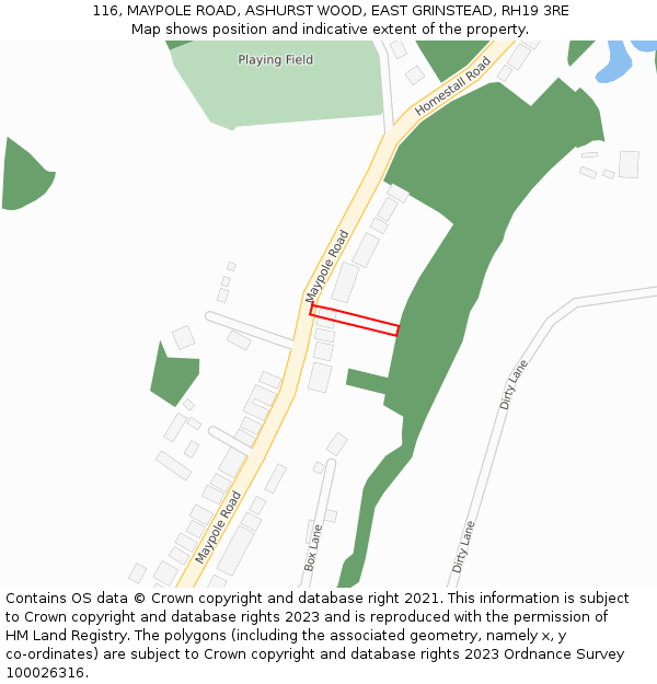 116, MAYPOLE ROAD, ASHURST WOOD, EAST GRINSTEAD, RH19 3RE: Location map and indicative extent of plot
