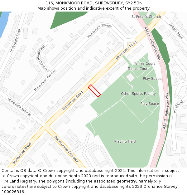 116, MONKMOOR ROAD, SHREWSBURY, SY2 5BN: Location map and indicative extent of plot