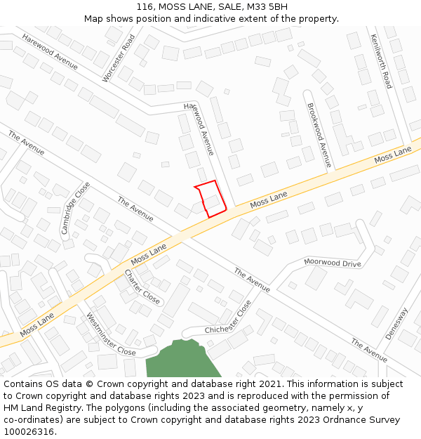 116, MOSS LANE, SALE, M33 5BH: Location map and indicative extent of plot