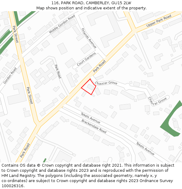 116, PARK ROAD, CAMBERLEY, GU15 2LW: Location map and indicative extent of plot