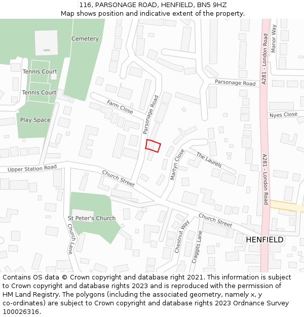 116, PARSONAGE ROAD, HENFIELD, BN5 9HZ: Location map and indicative extent of plot