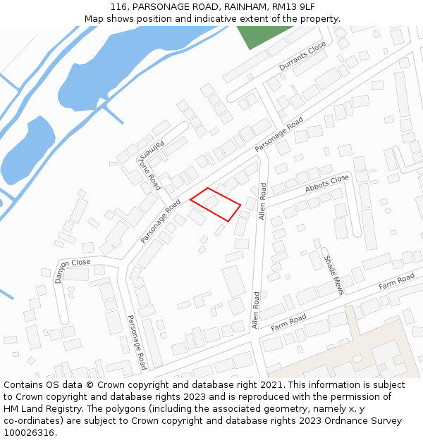 116, PARSONAGE ROAD, RAINHAM, RM13 9LF: Location map and indicative extent of plot