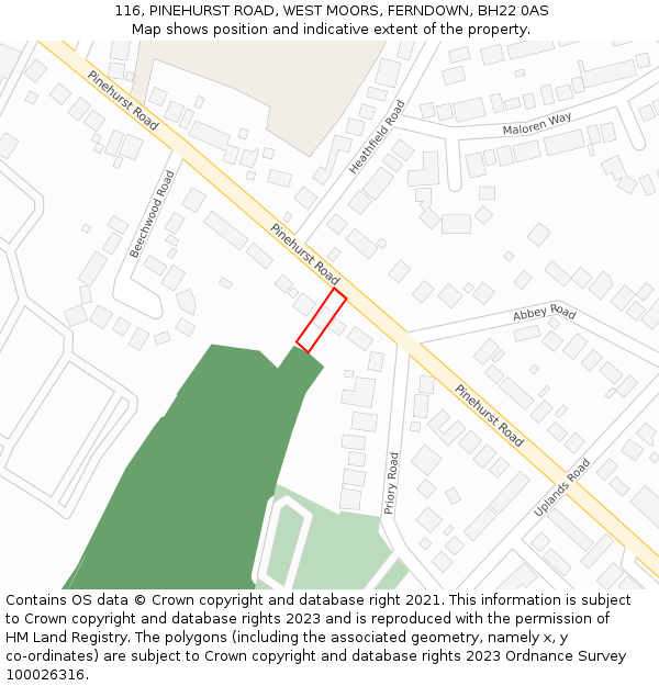 116, PINEHURST ROAD, WEST MOORS, FERNDOWN, BH22 0AS: Location map and indicative extent of plot
