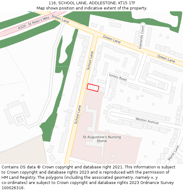 116, SCHOOL LANE, ADDLESTONE, KT15 1TF: Location map and indicative extent of plot