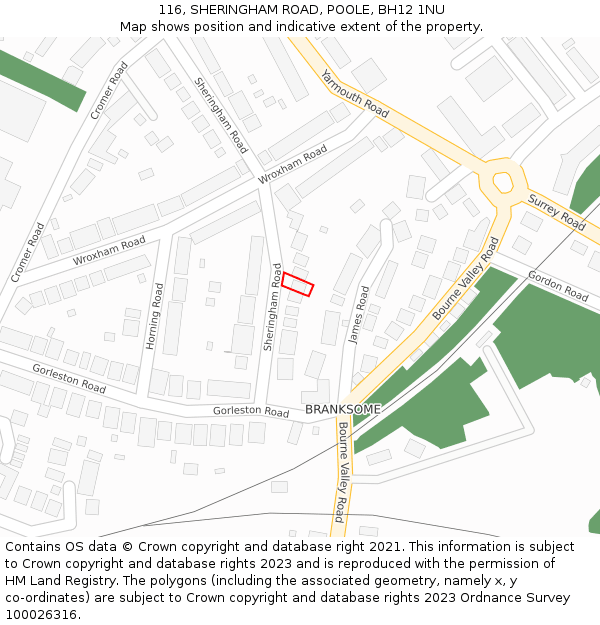 116, SHERINGHAM ROAD, POOLE, BH12 1NU: Location map and indicative extent of plot