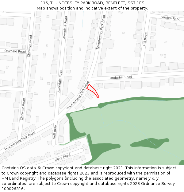 116, THUNDERSLEY PARK ROAD, BENFLEET, SS7 1ES: Location map and indicative extent of plot