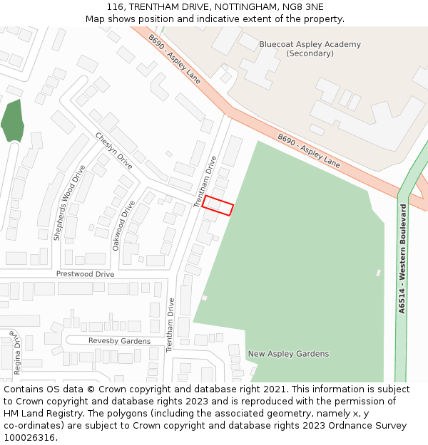 116, TRENTHAM DRIVE, NOTTINGHAM, NG8 3NE: Location map and indicative extent of plot