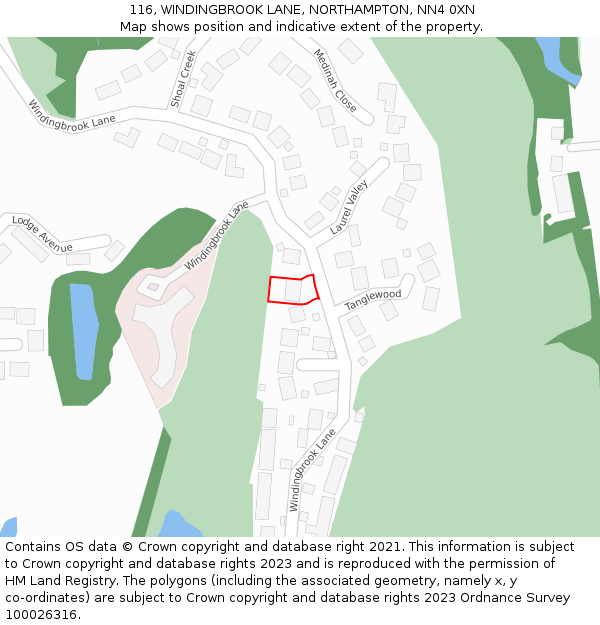 116, WINDINGBROOK LANE, NORTHAMPTON, NN4 0XN: Location map and indicative extent of plot