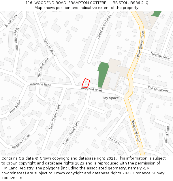 116, WOODEND ROAD, FRAMPTON COTTERELL, BRISTOL, BS36 2LQ: Location map and indicative extent of plot