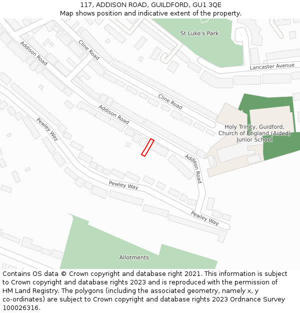 117, ADDISON ROAD, GUILDFORD, GU1 3QE: Location map and indicative extent of plot