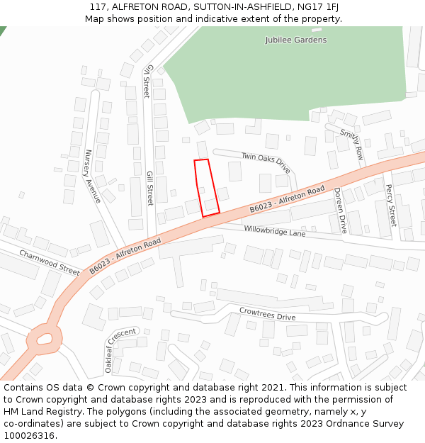 117, ALFRETON ROAD, SUTTON-IN-ASHFIELD, NG17 1FJ: Location map and indicative extent of plot