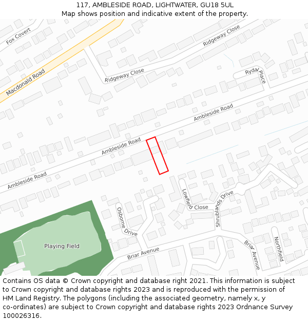 117, AMBLESIDE ROAD, LIGHTWATER, GU18 5UL: Location map and indicative extent of plot