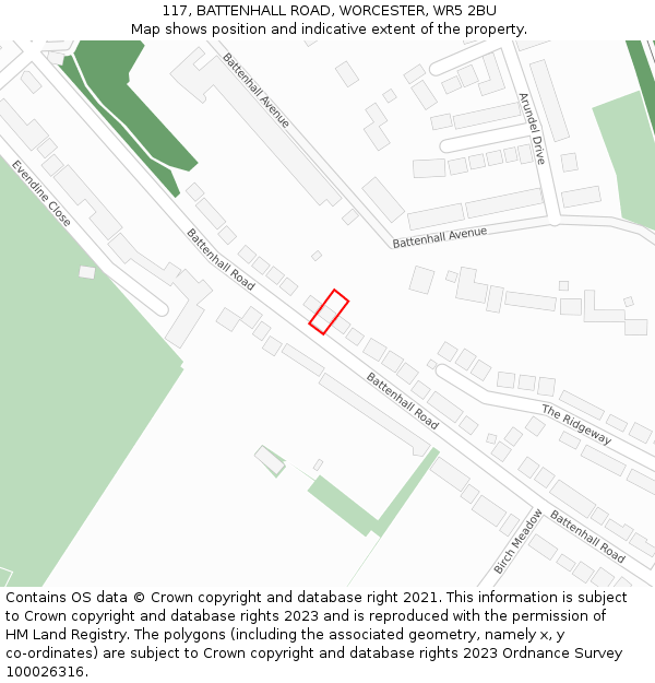 117, BATTENHALL ROAD, WORCESTER, WR5 2BU: Location map and indicative extent of plot