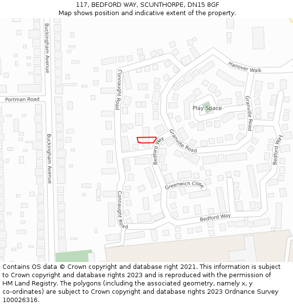 117, BEDFORD WAY, SCUNTHORPE, DN15 8GF: Location map and indicative extent of plot